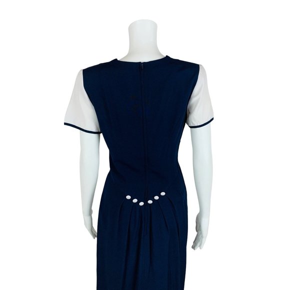 Vintage 1990s Sailor Style Dress Navy Blue White Long Empire Bust Rayon Midi - Picture 7 of 10